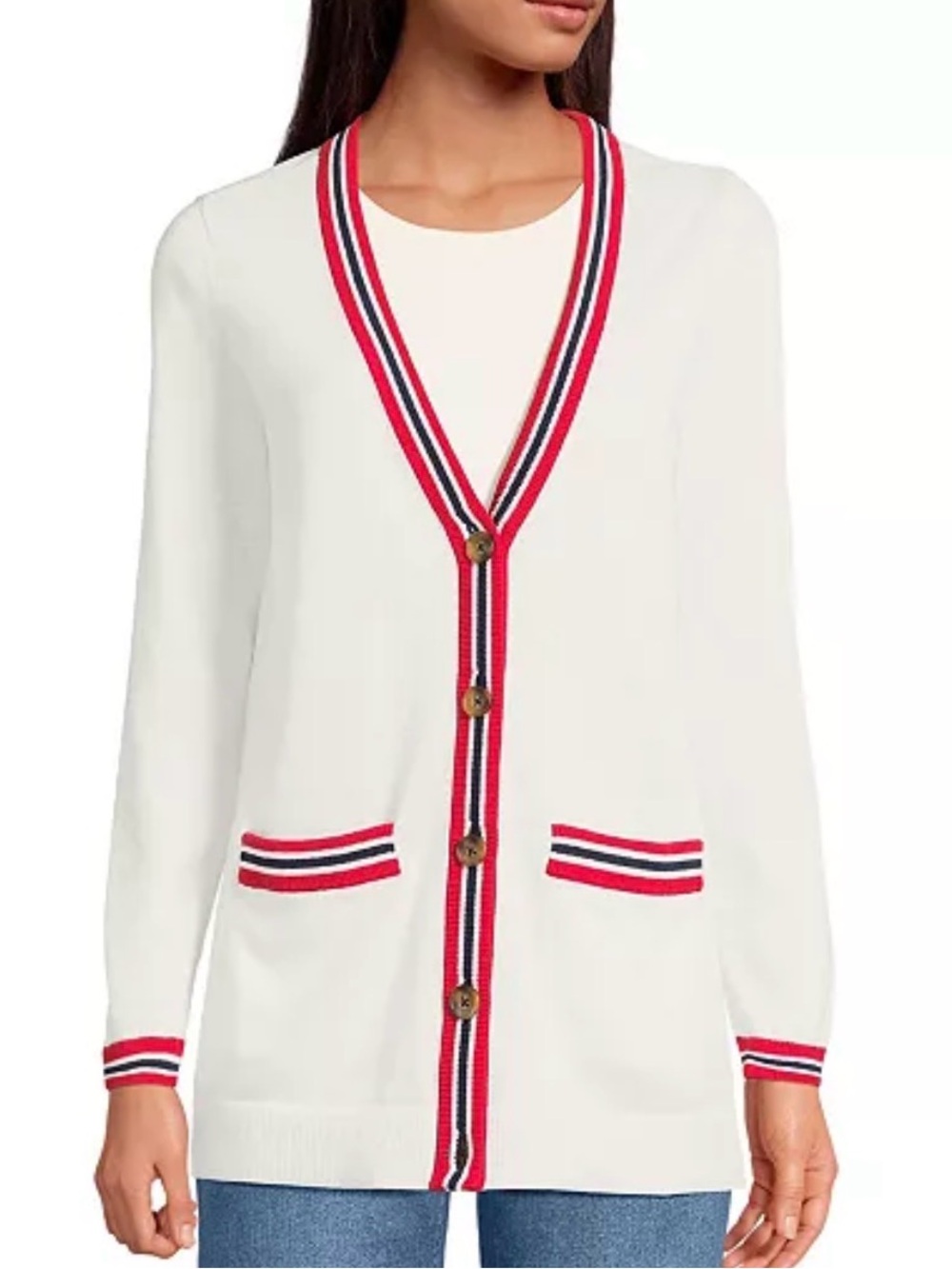 Varsity Style Oversized Cotton Cardigan Cream Red Black